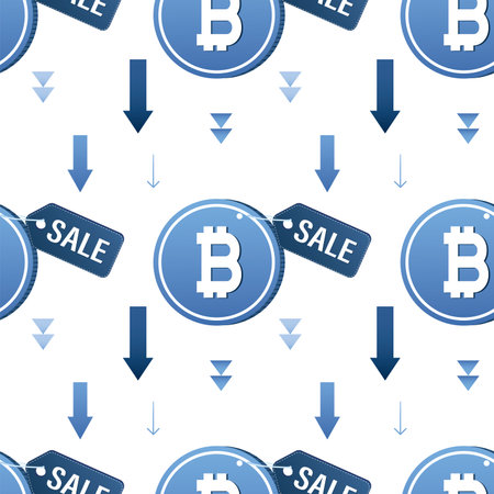 Bitcoin panic sale, cryptocurrency price down. Bitcoin with sale label and various arrows, seamless pattern. Crypto currency on white background. Blockchain technology. Flat vector illustrationのイラスト素材