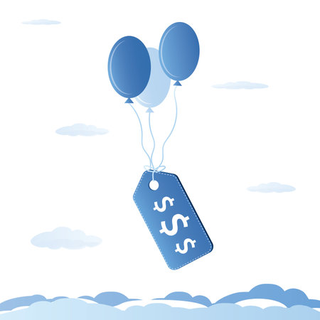 Big sale label flying on balloons in sky. Promotional campaign, concept template. Store gives holiday or seasonal sales. Cut Prices, discounts. Price tag with dollar signs. Flat vector illustrationのイラスト素材