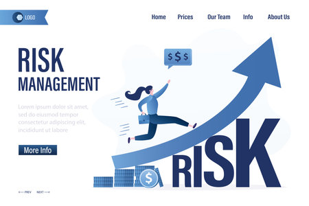 Risk management, landing page template. Confident woman investor run on grow up stock market graph above word Risk. Trade off of risky investment asset rewarding growth return. Vector illustrationのイラスト素材