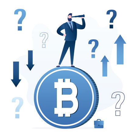 Male investor or trader standing on big bitcoin and watch in spyglass. Questions about cryptocurrency rate, future growth or fall of coin. Making profit from blockchain technology. Vector illustrationのイラスト素材