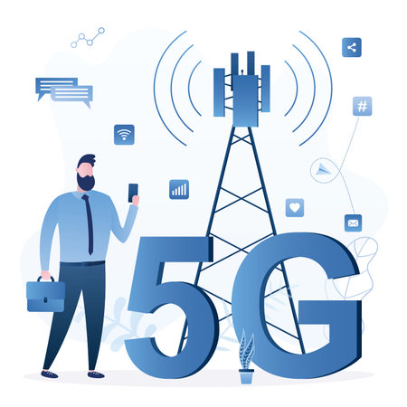 Businessman trying to catch 5G internet connection. Young adult with smartphone uses wireless...