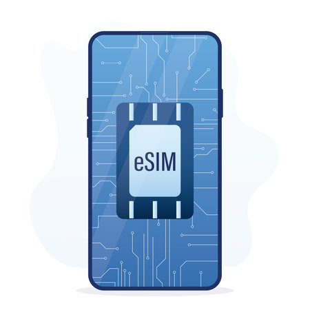 Modern smartphone with ESIM. Embedded sim card on blue microcircuit. Cellphone without classical sim card. Digital technology. Trendy flat vector illustrationのイラスト素材