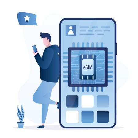 Young adult use modern smartphone with ESIM. Embedded sim card on blue microcircuit. Cellphone without classical sim card. New digital technology. Trendy flat vector illustrationのイラスト素材