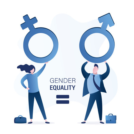 Man and woman holds gender symbols. Gender equality concept banner. Love couple, relationship. Human rights, feminism, tolerance. Human rights, family life without violence. Flat vector illustrationのイラスト素材