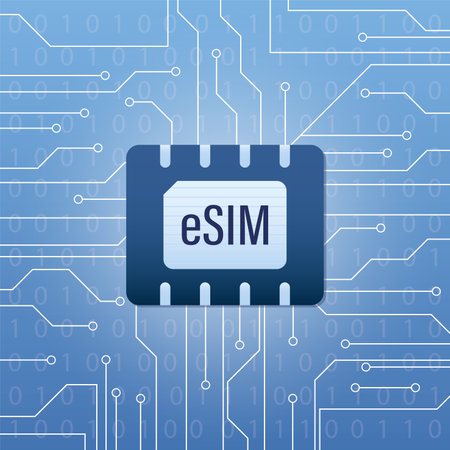 ESIM, concept banner. Embedded sim card on blue gradient background. Microcircuit with sim card chip. Part of cellphone. Trendy flat vector illustrationのイラスト素材