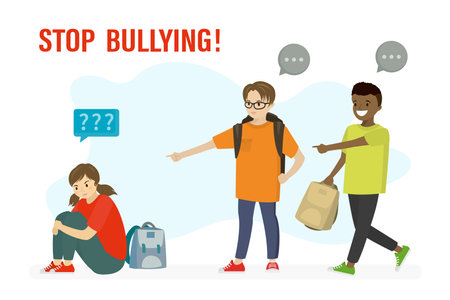 Two boys call names and mock schoolgirl. Stop bullying! Concept of harassment, intimidation. Female character bullied at college by classmates. Schoolboys point fingers at girl. Vector illustrationのイラスト素材