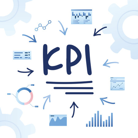 KPI, Key Performance Indicator. Metrics to measure business success, marketing campaign goal and target achievement. Various graphs and charts. Arrows pointing to word KPI. Flat vector illustrationのイラスト素材