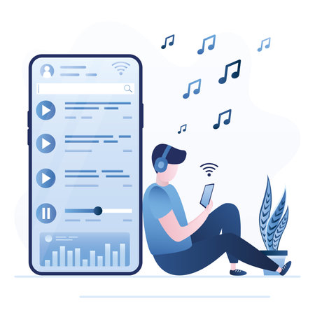 Young man wearing headphones, enjoying playlist, listening to music on cellphone. Handsome teenager singing songs. Entertainment, audio app, multimedia content. Live radio stream. Vector illustrationのイラスト素材