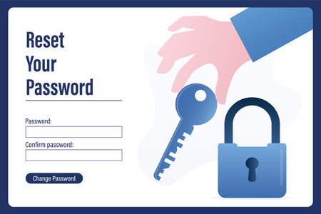 Reset your password, landing page. Hand holds big key, padlock near. Account data protection, information storage. Web page template, trendy blue colors style. Flat vector illustrationのイラスト素材