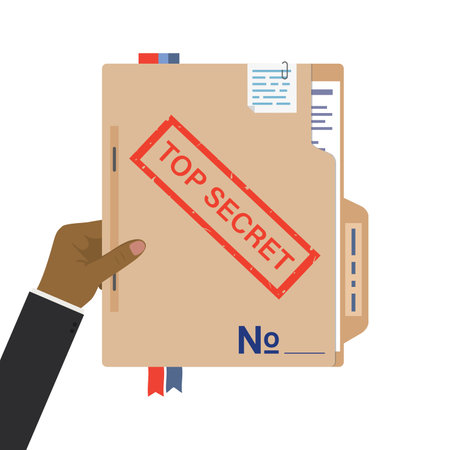 Hands holds government top secret report, seal stamped on folder with important documents. Cardboard folder with stamp, isolated on white background. Case with papers, bookmarks and stickers. Vectorのイラスト素材