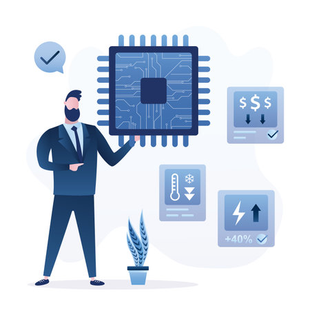 Businessman presents new processor. Improved version of chip. Powerful, cheap microprocessor for mobile devices or pc computers. Presentation process. Technological startup. Flat Vector illustrationのイラスト素材
