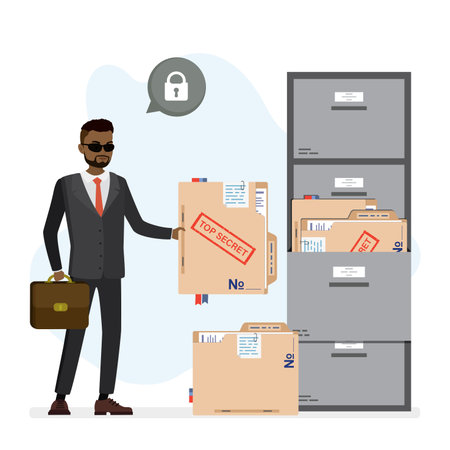 Secret agent holds folder with red stamp - top secret. Politician with confidential documents, large storage box for important files. African American businessman with folder. Vector illustrationのイラスト素材