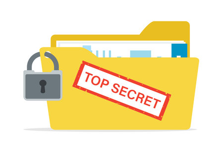 Yellow folder with confidential documents. Sensitive data and information. Top secret, big stamp. Data protection. Huge padlock on folder. Files storage. Design isolated on white. Vector illustrationのイラスト素材