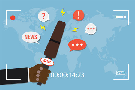 Hand of African American journalist holds microphone. Video interview recording. Reporter with special device interviews for live news. Speech bubbles with questions and answers. Vector illustrationのイラスト素材