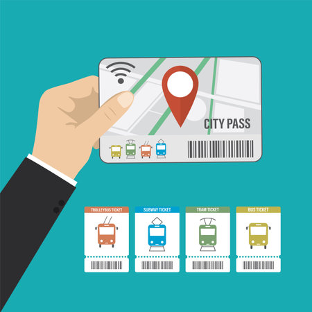 Passenger hand holds city pass or transport card. Contactless payment of public transport fares. Tickets template for travel on subway, trolleybus, tram and bus. Public transport pass. Flat vectorのイラスト素材