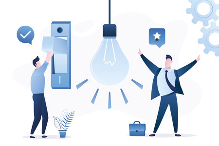 Business teamwork for new ideas search. Employee switch on idea lightbulb. Happy boss or businessman. Brainstorming, concept banner. Male manager turn on big toggle. Pitching business ideas. Vectorのイラスト素材