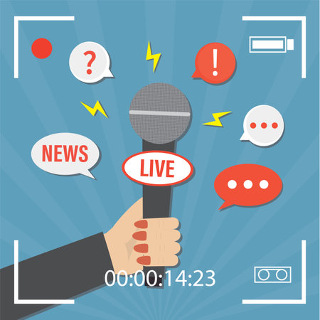 Hand of journalist is holding microphone. Video interview recording. Reporter with special equipment interviews for live news. Speech bubbles with questions and answers. Flat vector illustrationのイラスト素材
