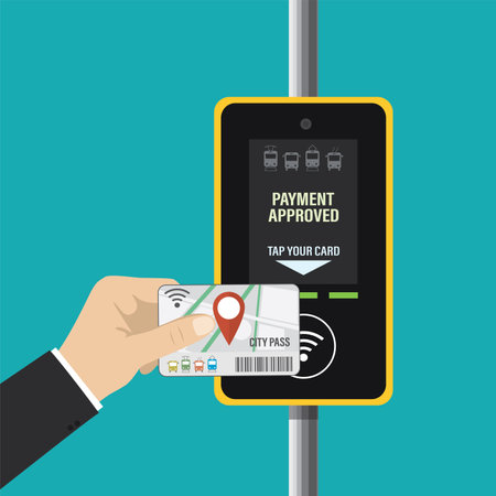 Terminal for contactless payment of public transport fares. Hand holds city pass, transport card. Tourist ticket. Human passenger uses plastic or paper card. Flat vector illustrationのイラスト素材