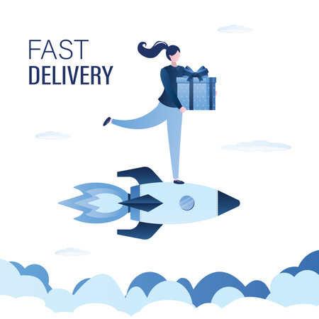 Fast delivery, banner. Deliveryman standing on rocket and holds gift box. Female courier with parcel. Fast shipping technologies. Delivery of gifts for holidays. Trendy flat vector illustrationのイラスト素材