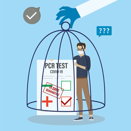 Caucasian man with positive PCR test in cage. Quarantine for 14 days. Medical hand closes birdcage. Person is sick with coronavirus. Self-isolation, Prevention of spread of Covid-19. Flat Vectorのイラスト素材