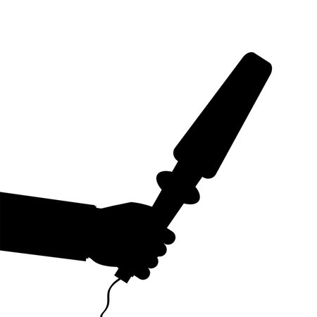 Silhouette of journalist hand with microphone. Reporter interviews for live news. Correspondent works with special equipment. Black design template isolated on background. Flat vector illustrationのイラスト素材