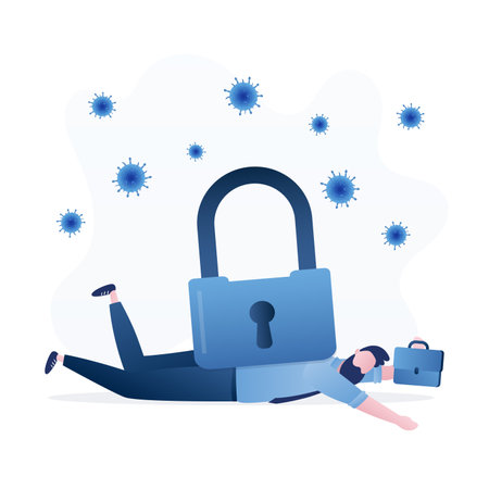 Business closing down or bankruptcy in Covid-19 pandemic lockdown crisis, unemployment and debt problem. Financial problems. Depressed businessman under heavy lock pad burden. Flat vector illustrationのイラスト素材