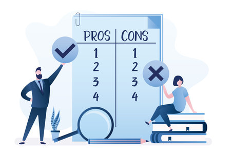 Business people with check mark and cross signs make Decision at notepaper with Pros or Cons list in separate column. Employees count advantages, disadvantages of new project. Flat vector illustrationのイラスト素材