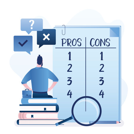 Businessman sitting on books and make important business decision. Huge notebook sheet Pros and Cons in columns list. Male character thinking about Advantages or Disadvantages. Vector Illustrationのイラスト素材