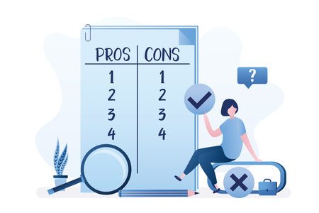 Businesswoman make important business decision. Huge notebook sheet, Pros and Cons in columns list. Female character thinking about Advantages or Disadvantages. Brainstorm. Flat vector illustrationのイラスト素材