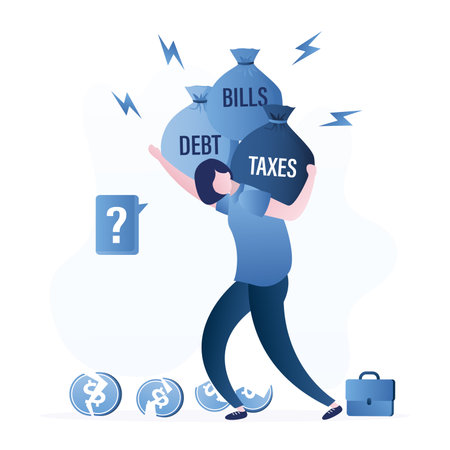 Sad businesswoman carries bags of taxes, debts and bills. Financial, debt burden. Money problems, bankruptcy. Unhappy female character. Economic crisis, bad money management. Flat vector illustrationのイラスト素材
