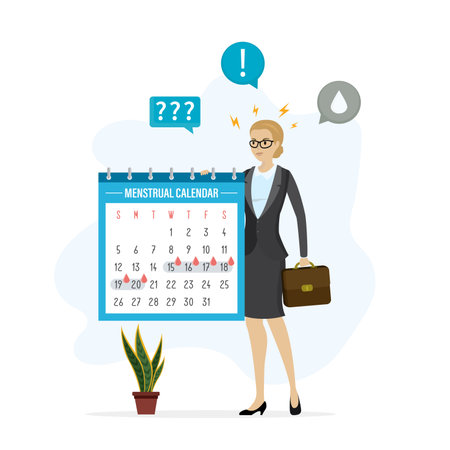 Calendar with marked menstrual periods. Critical days schedule. Cute caucasian woman holds menstrual cycle calendar. Menstruation, pms and reproductive system. Feminine hygiene. Vector illustrationのイラスト素材