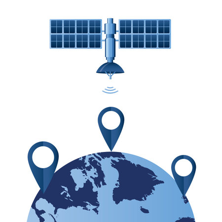 Satellite solid navigation and communication. Space unmanned satellite technology, global communication. Globe with navigation pointers. Design in blue colors for web, print. Flat vector illustrationのイラスト素材