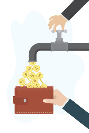 Cartoon businessman hand opened tap, coins fall from pipe. Employee's hand holds wallet and catching money. Making profit, concept. Payday, Salary. Profitable deal. Payment of dividends. Flat vectorのイラスト素材
