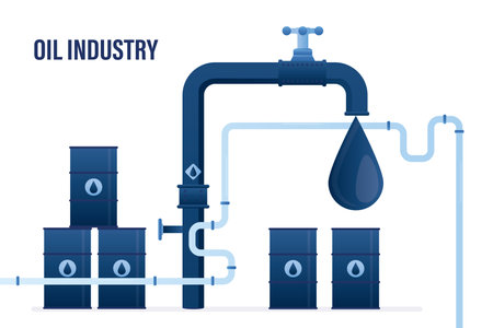 Extraction and transportation of petroleum products. Drop of petroleum falls into metal barrel. Oil and gas industry. Business concept. Canisters for combustible products storage. Vector illustrationのイラスト素材