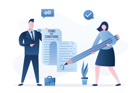 Terms and conditions, concept banner. Businessman or lawyer holds long paper contract. Woman user signs an agreement. Partnership, corporate relations. Flat design. Vector illustrationのイラスト素材