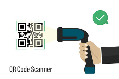 Cartoon hand hand uses qr code scanner. Wireless machine scans the code. Technology of scanning,...