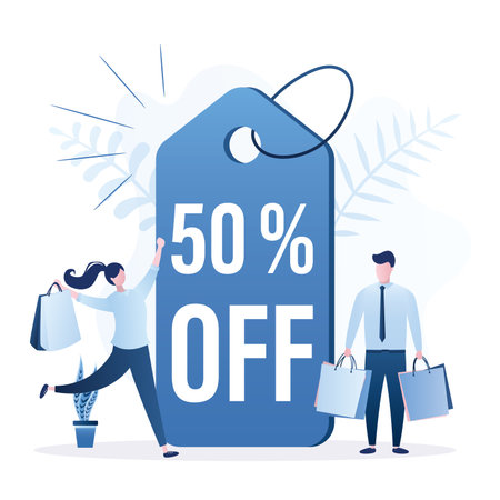 Label with discount 50% off. Happy couple with shopping bags. Human characters buys at black friday or sale. Clients or customers. Concept of commerce and business. Trendy flat vector illustrationのイラスト素材