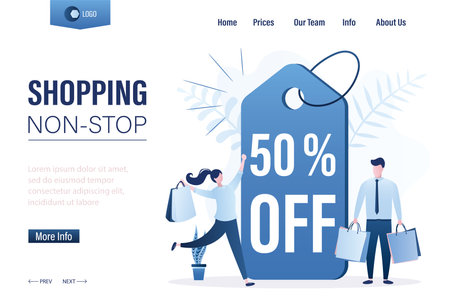 Shopping non-stop, landing web page. Label with discount 50% off. Happy couple with shopping bags. People buys at black friday or sale. Clients or customers. Promotion campaign. Vector illustrationのイラスト素材