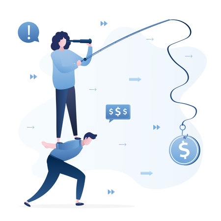 Woman boss stands on male worker and holds fishing rod with coin. Business motivation. Promise of salary or payment. Corporate slavery. Tired manager is wanting for his paycheck. Vector illustrationのイラスト素材