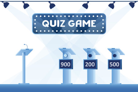 Empty quiz studio, interior with furniture. Place for filming TV program. No people. Racks with numbers on podium. Lighting on the ceiling. Big label - quiz game. Flat vector illustrationのイラスト素材
