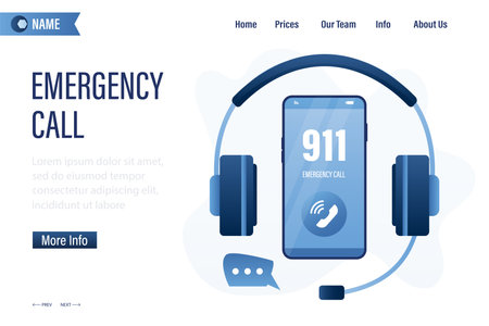Big headset and mobile phone. 911 emergency call. Support 24/7, concept banner. Customer service. Emergency call, landing page template. Hotline for help desk. Trendy style vector illustrationのイラスト素材