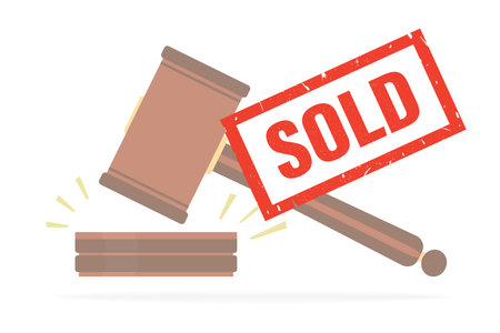 Auction concept. Red stamp - SOLD. Auction hammer in the background. Bidding process, deal done. Business banner. Flat vector illustrationのイラスト素材