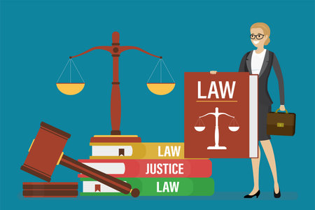 Stack of books and wooden gavel. Law and justice, concept banner. Big scales, hammer for verdict. Woman lawyer holds lawbook. Legal advice Female notary or attorney. Flat vector illustrationのイラスト素材