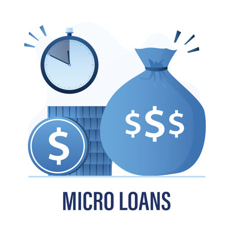 Money bag, cash and stopwatch. Small loans, borrow money, concept banner. financial background. Micro credits, fast and easy cash money. Flat vector illustrationのイラスト素材