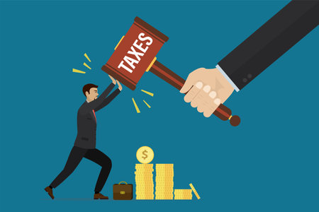 Businessman resists introduction of new taxes, fines. Hand beats with hammer with text - taxes. Entrepreneur does not want to give away profit. Excessive financial burden, pressure from tax service.のイラスト素材