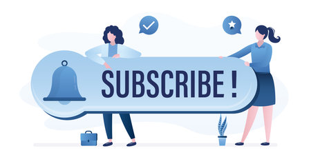Women bloggers holds big subscription button. Online notification for followers or new users. Video...