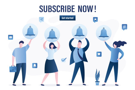 Subscribe now! Horizontal banner. Various users or followers holds ring bells. Subscribe to a video channel or blog. Group of young adults. Setting up notifications. Trendy Flat Vector illustrationのイラスト素材