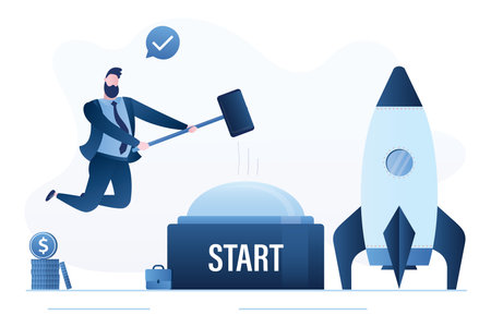 Confident businessman in jump with hammer hits big button. Start new project or startup. Push the button. Rocket ready to start. Business development, concept banner. Flat vector illustrationのイラスト素材