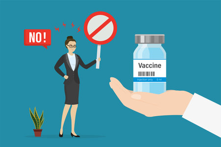 Anti-vax movement. Doctor hand holds vial with coronavirus vaccine, sad woman holds red stop sign. NO vax. Anti vaccination protest. Vaccine refusal, mandatory immunization. Flat vector illustrationのイラスト素材