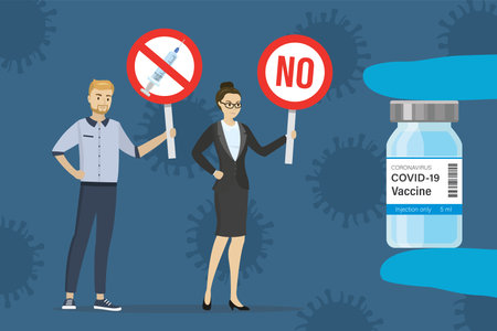 Anti-vax movement. Doctor fingers give vial with coronavirus vaccine. NO vax. Anti vaccination campaign. Vaccine refusal, people protest against mandatory vaccination or immunization. Flat vectorのイラスト素材